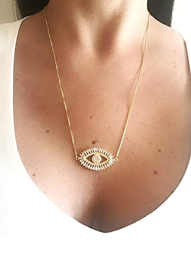 Leslie Boules Gold Evil Eye Necklace 18K Gold Plated Sliding Adjustable Chain Choker Jewelry #TOP2