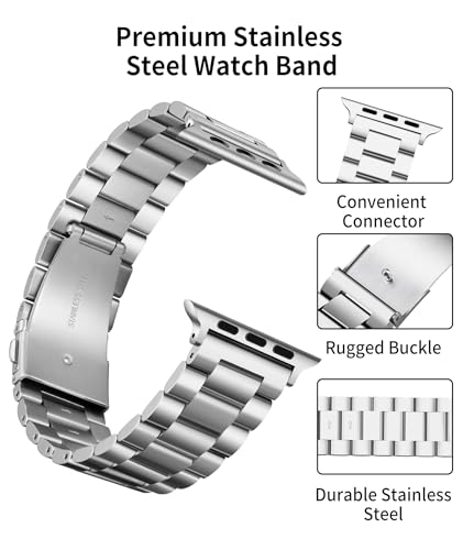 BINLUN Pasek kompatybilny z Apple Watch, metalowy, 49 mm, 46 mm, 45 mm, 44 mm, 42 mm, 41 mm, 40 mm, 38 mm, stal nierdzewna, zamienny pasek z etui z TPU, kompatybilny z paskami iWatch Series 11/10/9/8