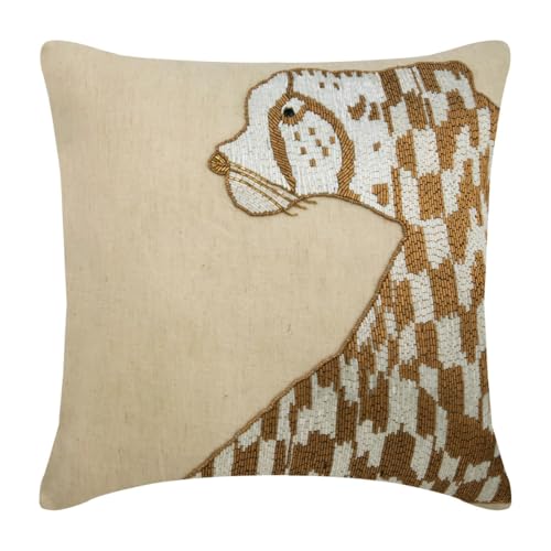 The HomeCentric Funda de Almohada Decorativa Beige Abalorios Bordados Lino Paquete de 2, 50x50 cm Beige, Funda de cojin Hecha a Mano Lino - Leopard Purr