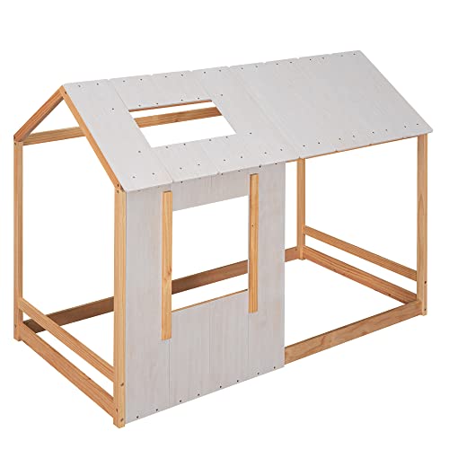 Twin House Bed For Kids, Wooden Twin Floor Bed Frame With Roof And Window, For Girls Boys (Twin Size, Natural+Antique White) #TOP6