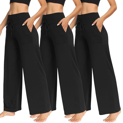 TNNZEET 3 Pack Women's Wide Leg Pants with Pockets - Casual Loose Yoga Trouser Pants Sweatpants Palazzo Lounge Pajama Pants Two Pocket Small Black, Black, Black