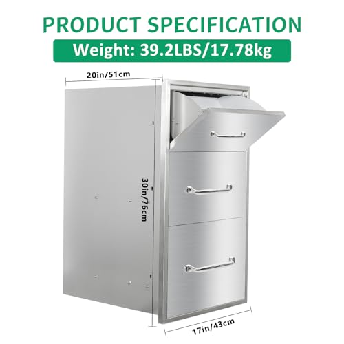 Image of Outdoor Kitchen Drawers 17 inch W x 30 inch H x 20 inch D Stainless Steel Paper Towel Drawers with Ergonomic Handle for BBQ Island, Patio Grill Station & Outdoor Kitchen Cabinets