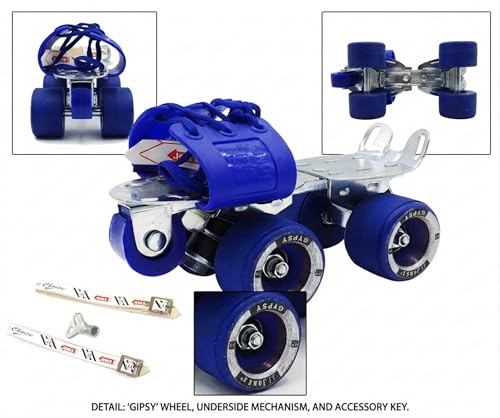 Image of Jonex Unisex Gypsy Roller Adjustable Quad Roller Skates for Youth and Adult (7-18 Years), Indoor Outdoor Wheels, Metal Body, 57 mm Wheels, Color - Blue
