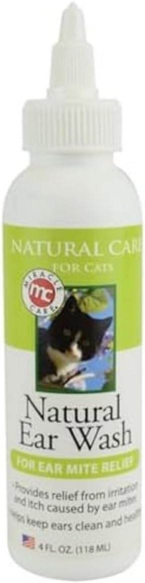 Natural Ear Wash for Cats, 4 Ounce, Gentle Itch Relief Caused by Ear Mites