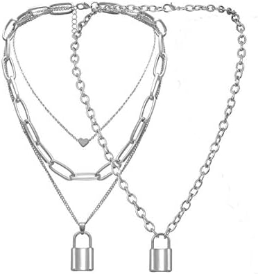 Lock Key Pendant Necklace Statement Long Chain Punk Multilayer Choker Necklace for Women Men