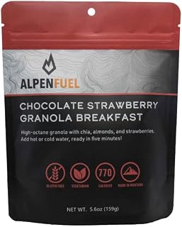 Chocolate Strawberry Breakfast Granola (Alpen Fuel Pouch) Canoeing and Backpacking Food - with powdered milk - Gluten Free - Vegetarian - Tastes Delicious - Quick Prep - Low Sodium