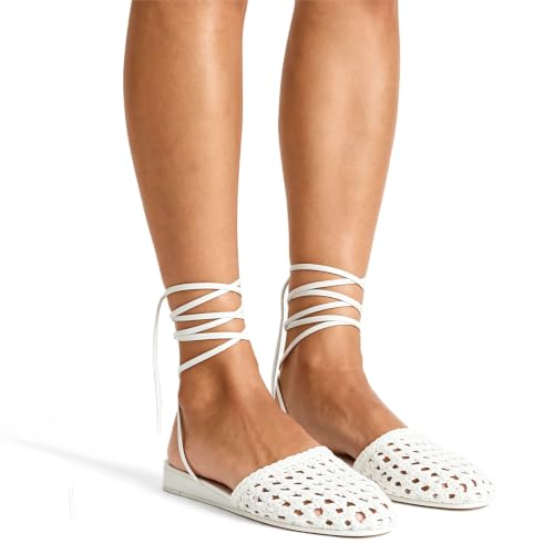 Image of Woven Ballet Flats for Women Lace Up Closed Square Toe Summer Sandals Dressy Shoes