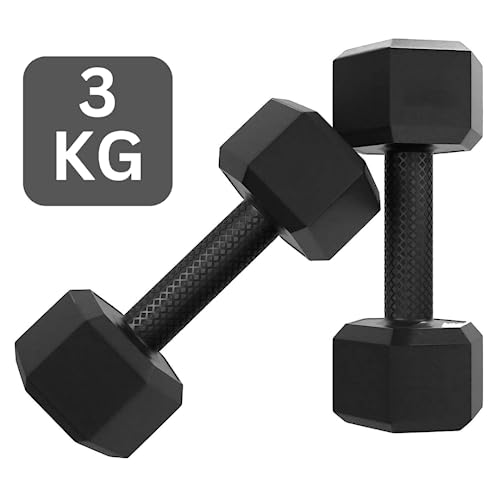 Image of De Jure Fitness PVC Hex Dumbbells Pair for Strength Training & Home Gym Workout | Anti-Slip Encased Coating, Full Body Fitness, 3kg Pair, Black
