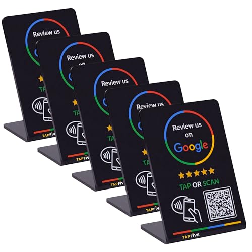 Image of Google Review Stand by TapFive - NFC Tap & QR Code Sign for Restaurants, Salons, Retail & Front Desks - QR Code Stand - Tap to Review | No Monthly Fees (Black, 5 Stands)