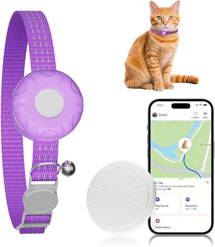 Image of Cat GPS Tracker, Smart Cat Tracker Compatible with Apple Find My App (Only iOS), No Monthly Fee, Waterproof, Breakaway Collar Included (White Tracker, Purple Cat Collar)