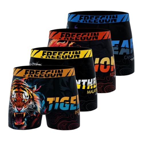 FREEGUN Boxer Enfant, Caleçon Garçon Savage Animals, Doux & Respirant (Lot de 4), Orange Taille 12 ans/14 Ans