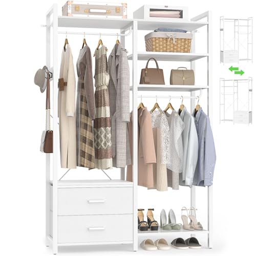 iSunirm Porte-manteaux pour suspendre les vêtements – Porte-manteaux réversible avec 2 tiroirs, porte-manteaux résistants avec étagères, système de penderie indépendant à 6 niveaux avec crochets pour