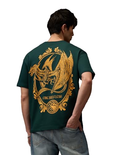Image of The Souled Store Official House of Dragon: Fire Made Flesh Men and Boys Short Sleeves Round Neck Green Graphic Printed Cotton Oversized T-Shirts