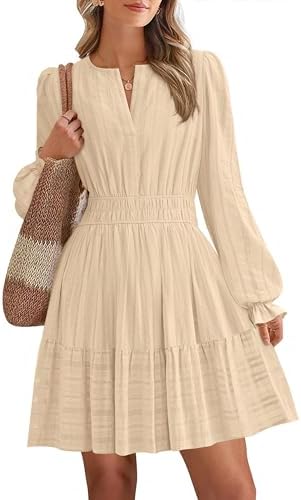 BTFBM Mini Dresses for Women 2025 Casual Lightweight Long Sleeve V Neck A Line Elastic Waist Party Holiday Dress