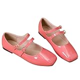 LUXINYU Women Mary Jane Shoes Square Toe Ankle Buckles Ballet Flats Comfortable Patent Leather Dress Shoes,Peach Red 7
