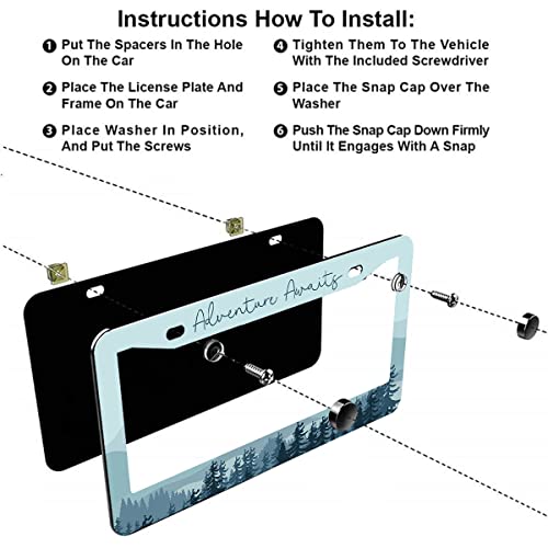 2Pcs Adventure Awaits License Plate Frames Cover Holders Stainless Steel License Plate Cover with Screw Caps Cover and Screwdriver Set - 2-Hole for Girl Women (Adventure Awaits) by Woadoudou - Used condition - Image 3