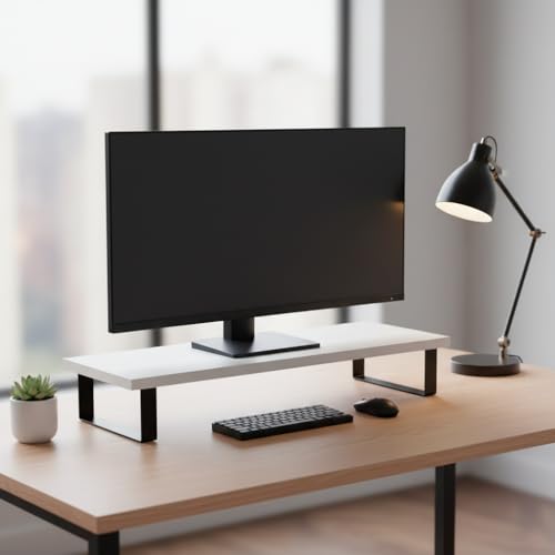 Image of flux Monitor Stand Wooden | Monitor Stand Riser | PC Stand For Desktop Table | Non Slip, Material: Particle Board & Metal (White )