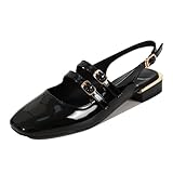 Women's Patent Leather Low Block Heel Mary Jane Sandals with Adjustable Ankle Straps Closed Square Toe Slingback Chunky Heel Pumps for Daily Work Prom Evening Dating (Black,7)