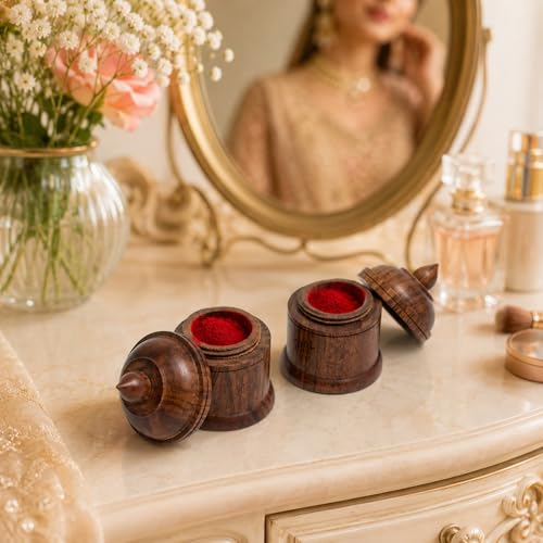 Image of Rosewood Sindoor Dani Kumkum Box Set of 2 for Pooja & Bridal Use | Handmade Wooden Kumkum Dibbi with Lid | Natural Wood Grain Finish | Small Decorative Storage Container | dibbi001