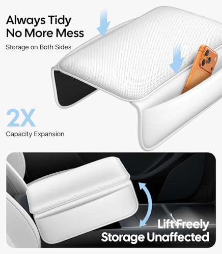 Image of Wigoo Center Console Lid Cover for Tesla Model Y Juniper & Model YL 2025-2026 (Standard, Premium & Performance) and Model 3 Highland 2024-2026, Soft Support Nappa Leather Armrest Protector, White