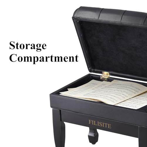 FILISITE Adjustable Height Piano Bench with Storage, Heavy Duty Solid Wood Piano Stool Keyboard Bench with PU Leather Padded Cushion(Black) - Thumbnail 7