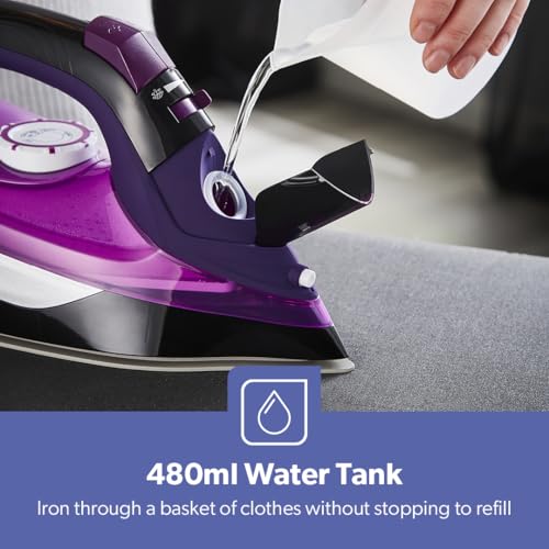 GEEPAS Steam Iron | Clothes Dry & Steam Press | 35s Fast Heat-Up, Vertical Steaming | Ceramic Soleplate & Adjustable Temperature | 480ml Water Tank 0.9g/Steam Output | 2 Year Warranty 3000W Purple