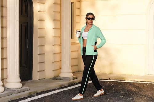 Uniexcosm Jogginganzug Damen Set Langarm Trainingsanzug Zweiteiler Streatwear Farbkontrast Freizeitanzug Reißverschluss Tracksuit & Sporthose Sportanzug Grün L