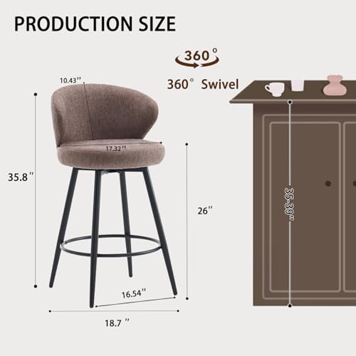 Image of Bar Stools Set of 2, 360 Swivel Breathable Fabric Kitchen Counter Height Stools, 26 inch Upholstered Bar Chair for Kitchen Islands, Restaurant, Brown