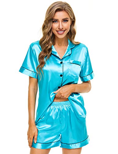 Image of LecGee Womens Silk Satin Pajamas Short Sleeve Loungewear Two-Piece Sleepwear Button-Down Pj Set