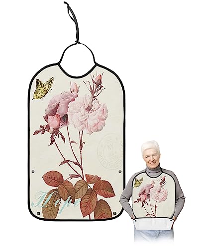 Kewadony Adult Bibs for Elderly Women - Pink Floral Spring Waterproof Dining Clothing Protectors with Crumb Catcher for Eating/Feeding, Vintage Flowers Butterfly Hope Terry Cloth Bib Machine Washable