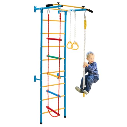 SPOTRAVEL Indoor Swedish ladder, 5 in 1 Children Climbing wall with Pull-Up Bar, Climbing Rope, Gymnastic Rings, Rope & Wall Ladder, Gymnastics Bar and Equipment for 3+ Years Old Kids(Blue + Yellow)