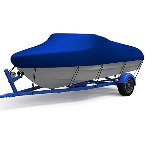 Heavy Duty Boat Cover, 17-19ft Waterproof Trailerable Heavy Duty Marine Grade Bass Boat Cover, Fits Tri-Hull, V-Hull, Runabout, Fishing Boat, Blue Cover