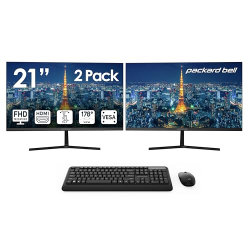 Image of Packard Bell airFrame 21 inch FHD Monitors + Wireless Keyboard & Mouse, VESA Mount Compatible, HDMI /VGA, Tilt, Slim Bezel, for Home, Office, Light Gaming - 2 Pack