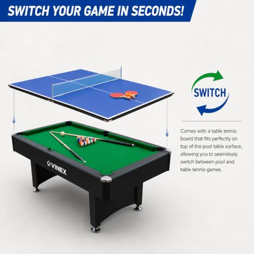Image of VINEX Snooker and Table Tennis Table (7 x 3.9 FET), ETOS 2 in 1 Pool Table with TT Top Indoor Game Table, MDF Construction with Complete Accessories Set for Home, Office