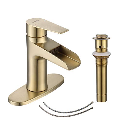 EMPOLO Waterfall Spout Bathroom Faucet Single-Handle Modern One Hole Sink Faucet Deck Mount with Pop Up Drain Stopper Assembly and Supply Hose,Brushed Gold,AMSY-1101BG