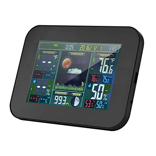 Preisvergleich Produktbild Drahtlose Wetterstation, digitales Innenthermometer, Hygrometer, Feuchtetemperaturanzeige mit Sensorunterstützung, Wettervorhersage, Wecker, Zeit-Datumsanzeige, Barometer(Schwarzer EU-Stecker)