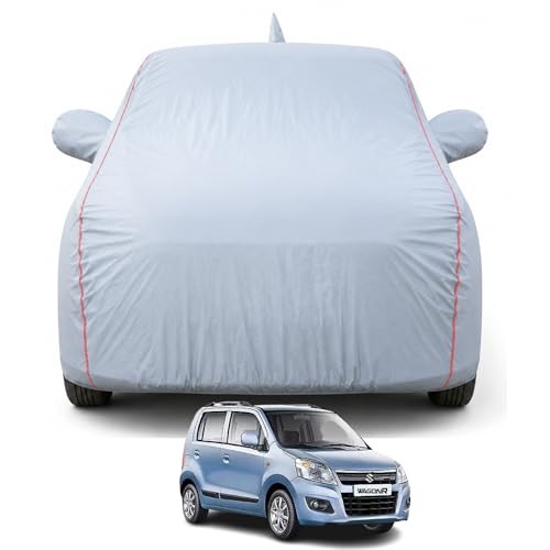 Image of Maruti WagonR Car Cover for LXi CNG, VXI, CNG & VXI ABS 2010-2018 Models 100% Waterproof, All Weather Protection, Mirror & Antenna Pocket, Soft Inner Lining, Triple Stitched (Dark Grey)
