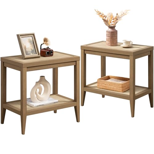 SICOTAS Rattan Nightstands Set of 2 Bedside Table - Boho Narrow End Table Living Room Set of 2 Side Table with Rattan Storage Shelves for Small Space