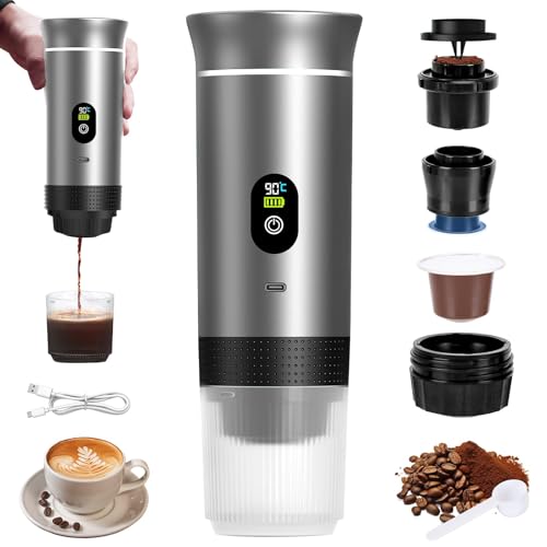 Macchina caffe Portatile 3 In 1 Portable Espresso Maker Compatibile Piccole e Grandi Capsule di Caffè Caffe Macinato Elettrico 12 V Caffettiera da Viaggio Casa ufficio e Avventure All'aria Aperta