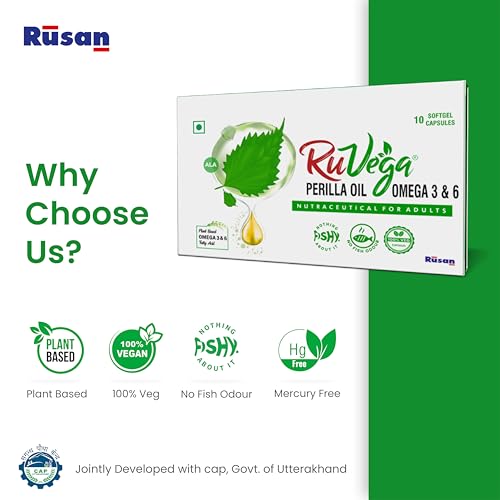 Image of RuVega Plant-Based Omega 3 & 6 Softgel 10 Capsules | Herbal Perilla Oil with ALA | Fish-Free Softgel Nutraceutical for Adults | Vegan Supplements | Supports Heart, Brain, Joint & Skin Health