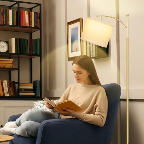 Image of Ambimall 60 inch Floor Lamp for Living Room with 3 Color Temperatures, Adjustable White Shade with Gold Pole, Tall Lamp for Bedroom Office Classroom Dorm Room, 9W LED Bulb Included