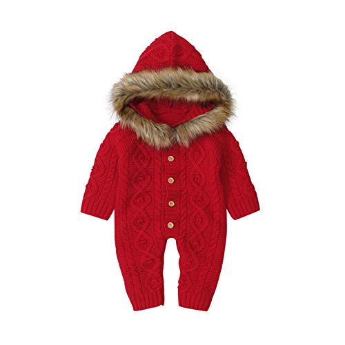 Infant Baby Boys Girls Sweater Button Up Romper Knitted Faux Fur Collar Hooded Jumpsuit Outfit (Red, 90)