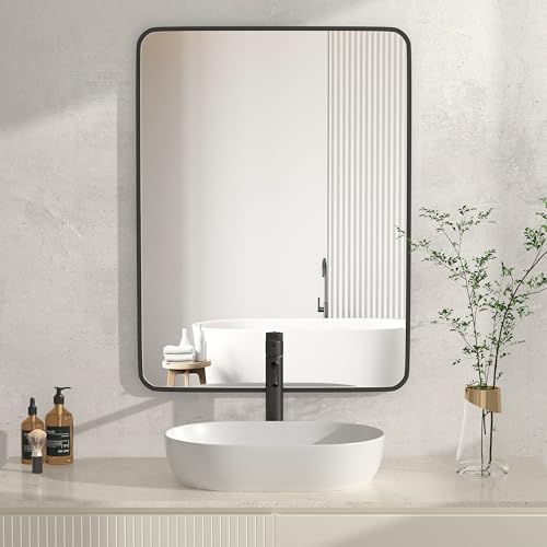 Heilmetz Black Bathroom Mirror 600 x 800mm, Rectangular Curved Frame Mirrors Bathroom Modern Wall Mounted Mirror Hanging Horizontal/Vertical