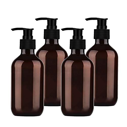 YanHuang 10 oz 300 ml Amber Plastic Pump bottles with lock pump. for for Essential Oils-Set of 4.
