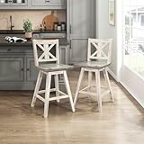Lexicon Swivel Counter Height Stools Set of 2, Modern Solid Wood Kitchen Counter Stools, High Back, Grey Swivel Seat, Footrest for Kitchen Island, Easy Assembly, X-Back, 24' SH, Antique White
