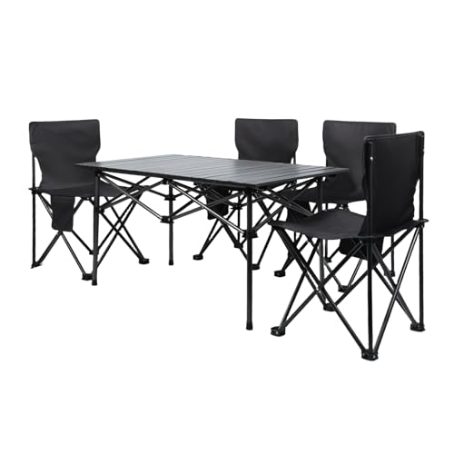 Gryphvex Camping Table and 4 Chairs, Camping Chair Set with Table, Outdoor Folding Lawn Chair, Fishing BBQ Hiking Folding Stool Desk Set with Large Storage Organizer and Carrying Bag