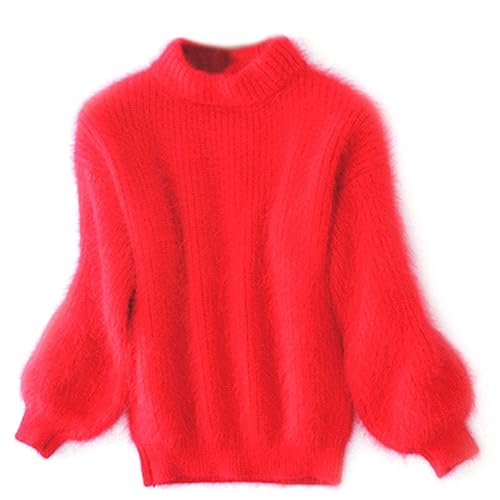 CHUSHEN Suéter casual de punto trenzado para mujer, manga larga, cuello redondo, color sólido, suéter de punto grueso, suéter de cachemira, suéter de punto de color sólido, suéter vintage de angora