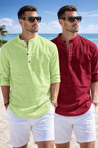 Image of Men's Cotton Blend Straight Kurta Shirt Combo with Mandarin Collar - Slim Fit Casual Short Kurti Set Featuring Textured Slub Fabric and Roll-Up Full Sleeves
