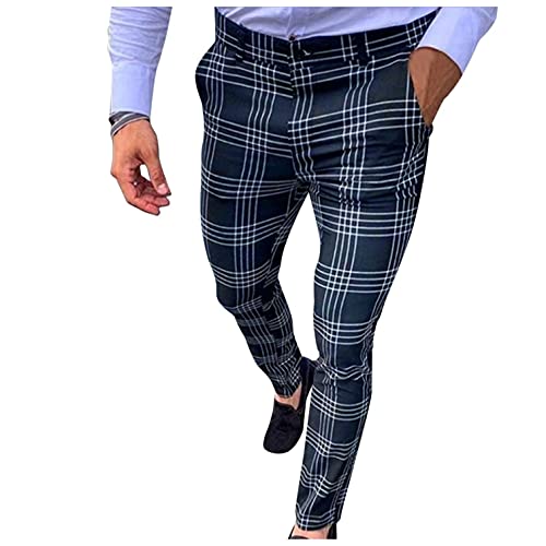 ZHINIAN Pantalones de lápiz a cuadros casuales para hombre Estiramiento Flaco Slim Fit Chinos Pantalones Plano Frente Clásico Botones a cuadros Pantalones Trabajo Negocios, azul marino., 41-44.5