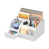 FEMELI Office Desk Organizer and Accessories, Acrylic Desk Organizer with 8 Compartments +1 Drawer(White)